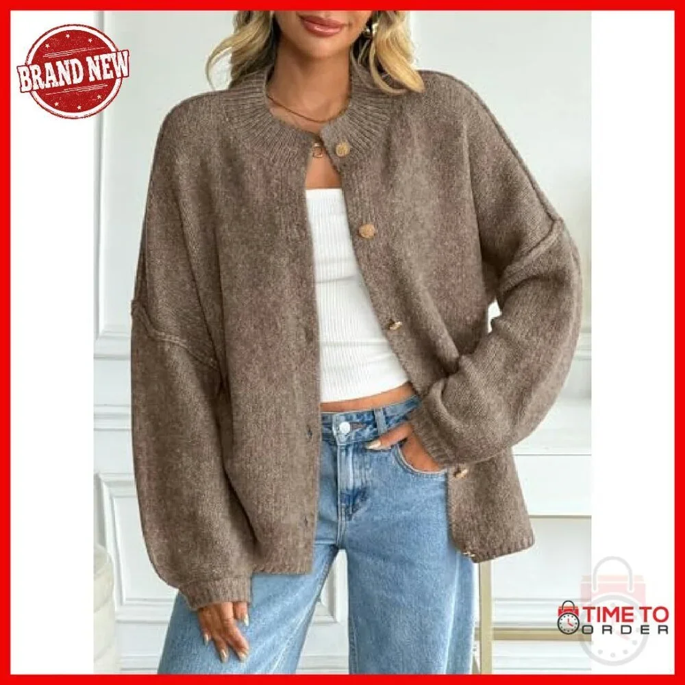 Oversized Chunky Knit Cardigan Lantern Sleeves Button Down Cozy